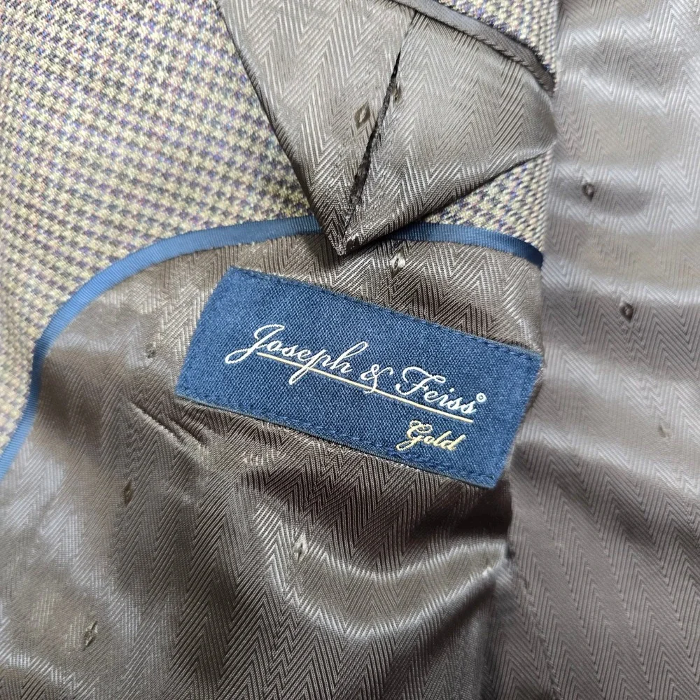 Joseph Feiss Gold Sport Coat Mens 52R 52S Brown Houndstooth Wool Blazer‎